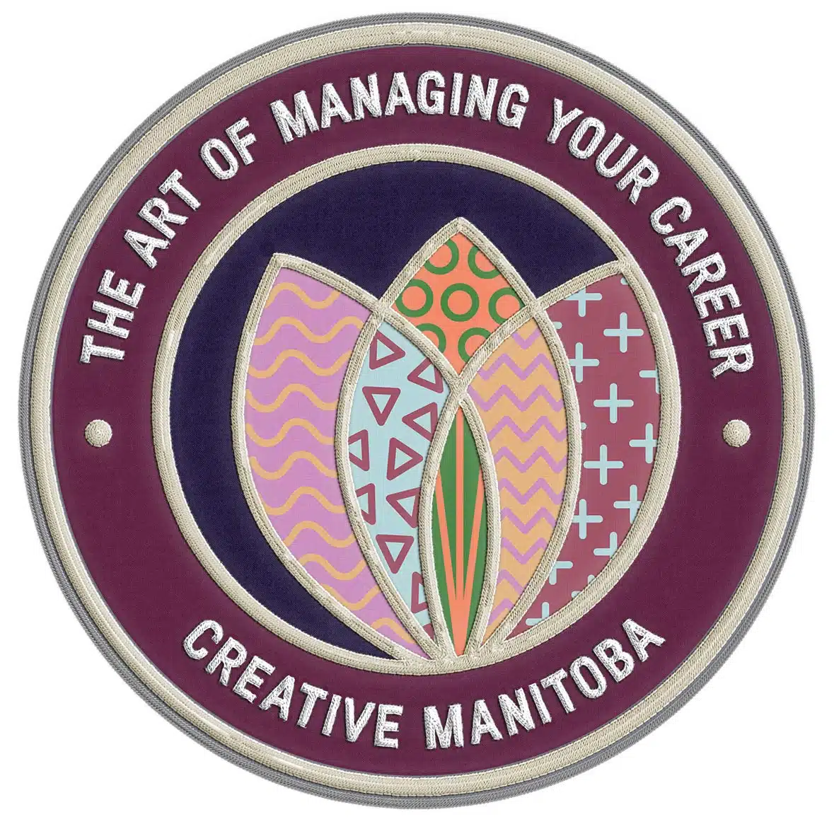 Round embroidered patch with crocus design and title "The Art of Managing Your Career