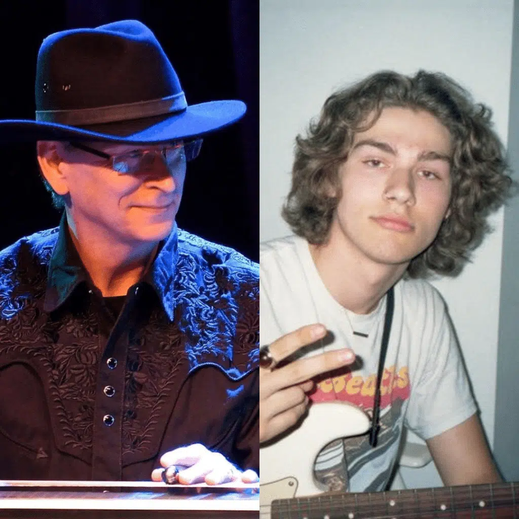 Spliced image of man in cowboy hat at keyboard and younger man in t-shirt