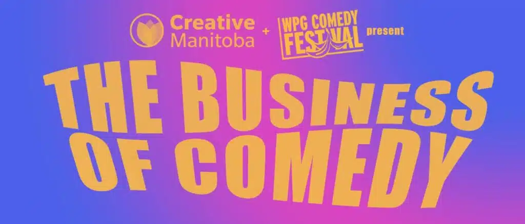purple and pink gradient with headline The Business of Comedy