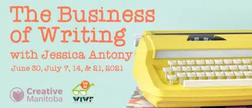 light blue background with yellow typewriter and headline The Business of Writing