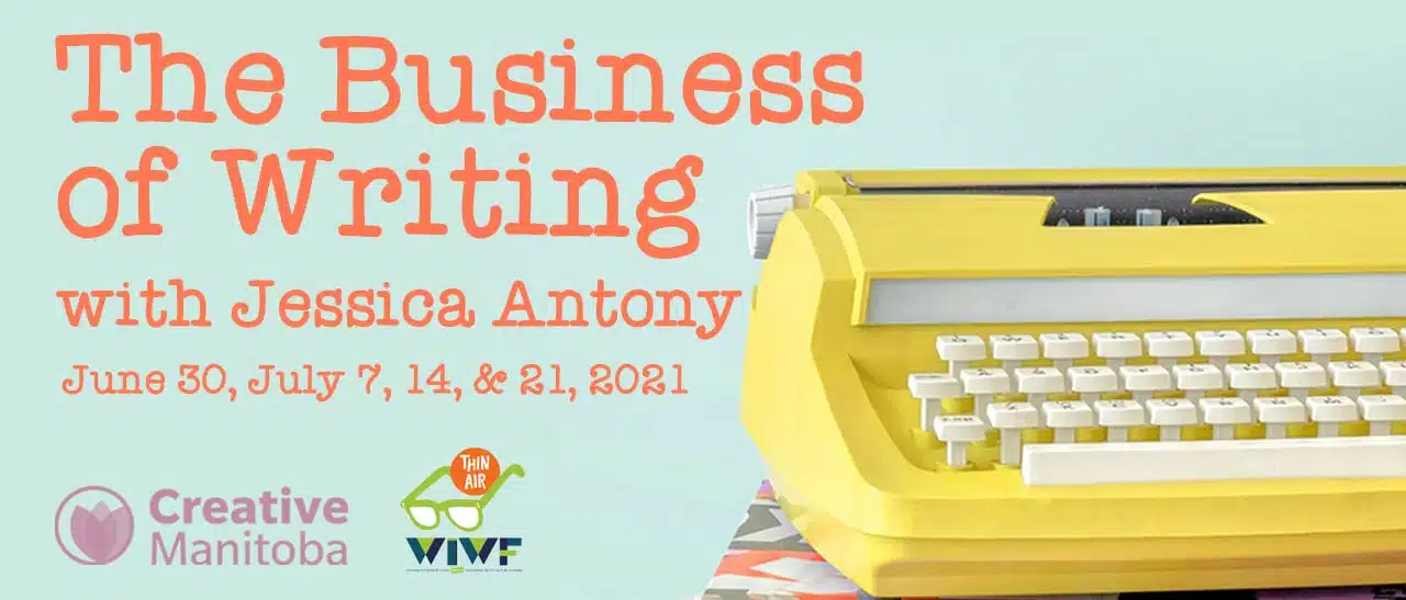 light blue background with yellow typewriter and headline The Business of Writing