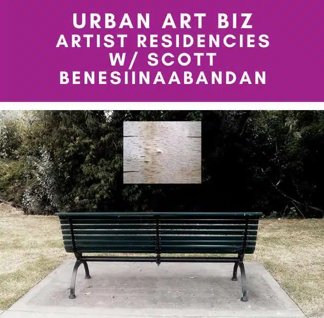 Park bench photo with headline Artist Residencies with Scott Benesiinaabandan