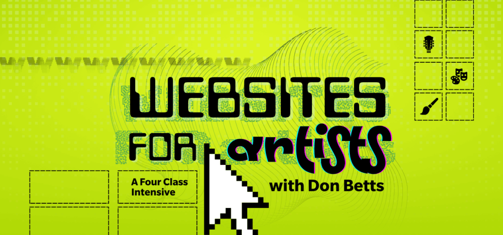 lime green background with grid and icons and mouse cursor. Title reads Websites for Artists