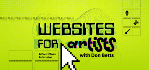 lime green background with grid and icons and mouse cursor. Title reads Websites for Artists